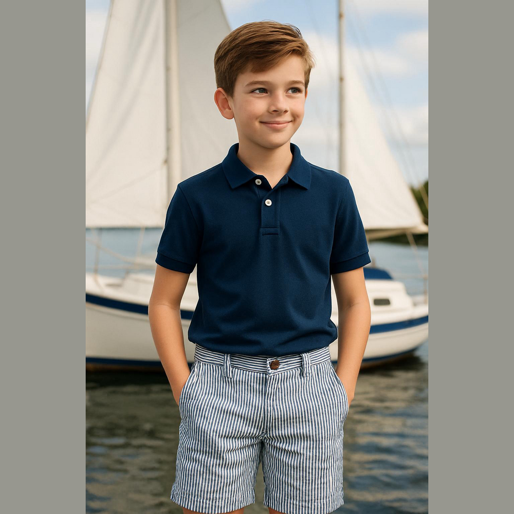 LANDS’ End 18H Boys Husky Seersucker stripe Bermuda shorts Navy blue white